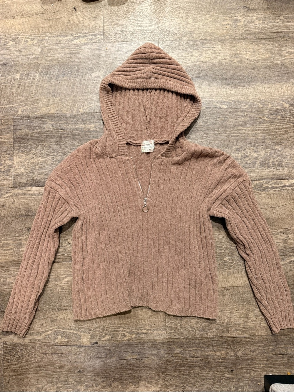 Pink Republic Taupe Ribbed Hooded Partial Zip Cropped Sweater L